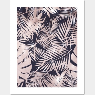 Navy Blue Pink Shimmer Palm Leaves Posters and Art